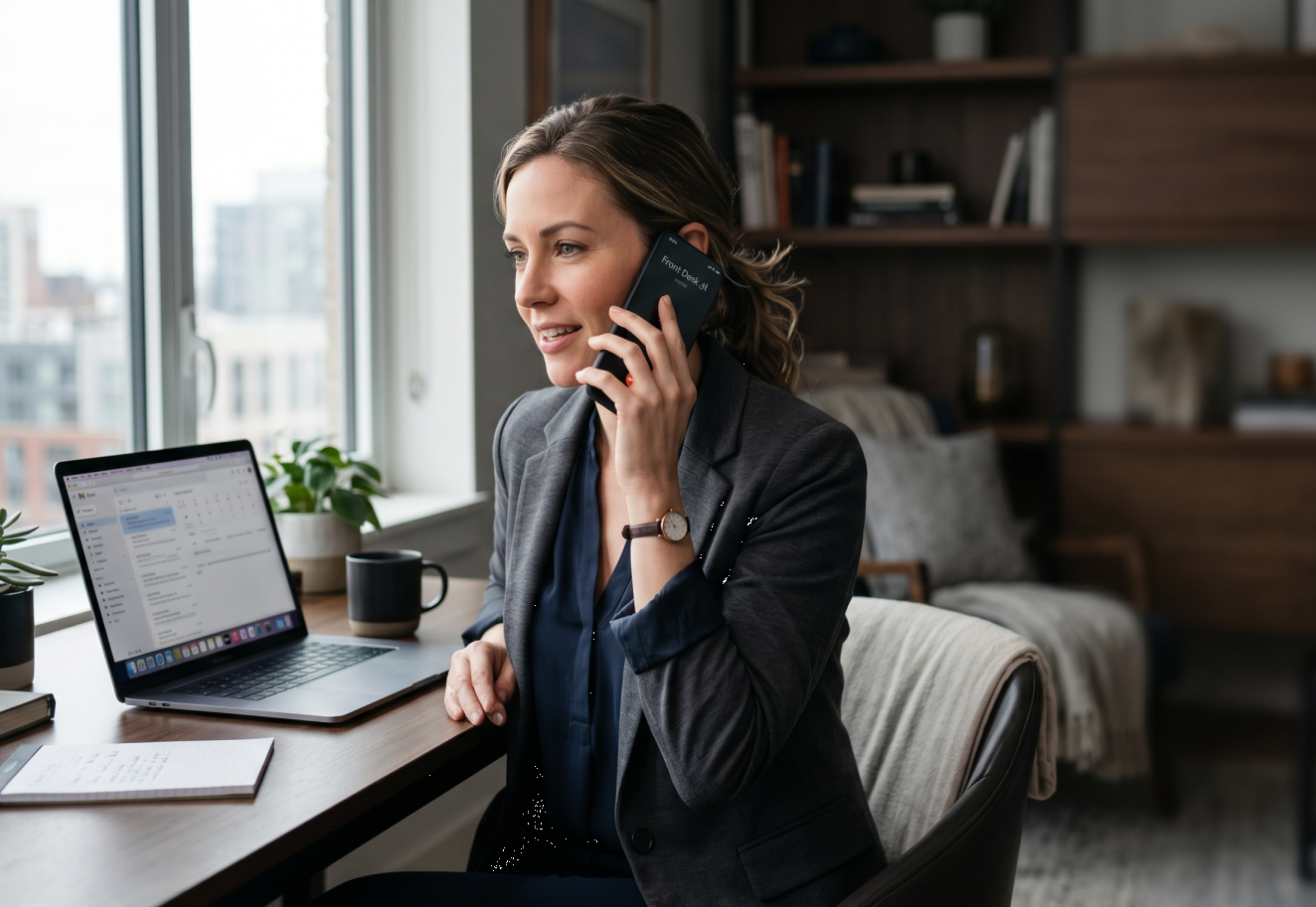 Caller speaking on the phone while SeeUWell Connect handles the conversation